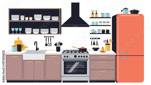 Modern kitchen interior design featuring a gas stove, oven, orange refrigerator, shelves with dishes, and various culinary utensils.