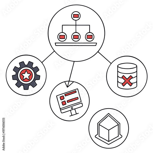 A vector graphic illustrating a flowchart with various icons and symbols connected to a central diagram