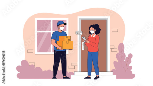 Professional delivery person in a mask handing over several cardboard boxes to a woman at her home entrance during a pandemic.
