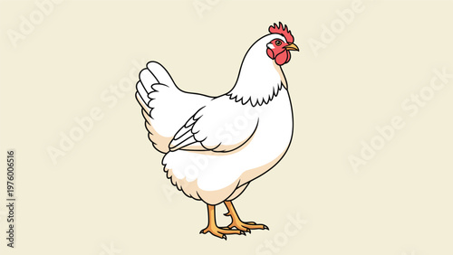 Detailed illustration of a white hen with a red comb and wattles standing alone against a light cream colored background.
