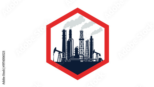Industrial factory silhouette with smoking chimneys and oil derricks enclosed in a bold red hexagonal frame on a white background.