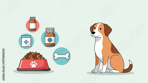 Cute brown and white dog sitting patiently next to a red food bowl with icons for medical care, pet food, and a bone.