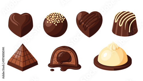 Set of delicious assorted chocolate pralines including heart shapes, round truffles with sprinkles, and a pyramid shaped treat.