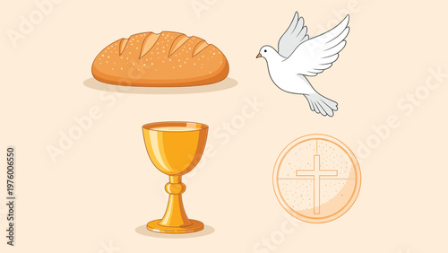 Religious illustration featuring Christian symbols of the Eucharist including a loaf of bread, a wine chalice, a holy host, and a dove.