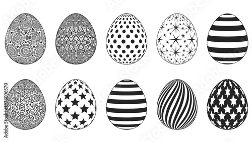 Collection of ten Easter eggs decorated with different black and white patterns like stars, stripes, dots, and swirls on a white background.