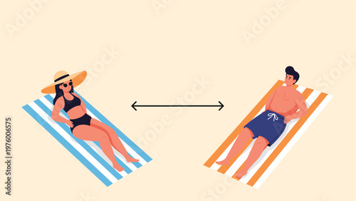 Social distancing on the beach concept featuring a man and woman sunbathing on separate towels with a measurement arrow between them.