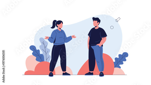 Two young people standing and engaging in a conversation with expressive hand gestures against a colorful abstract outdoor background.