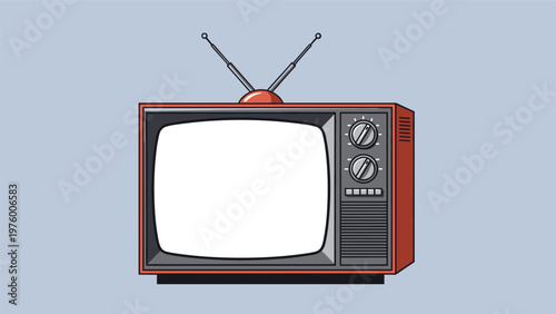 Retro style red television set with two gray dials and bunny ear antennas isolated on a light blue background in pixel art style.
