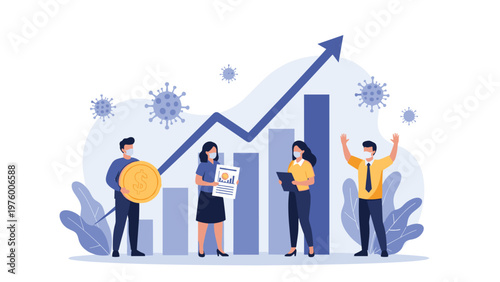 Business recovery concept showing masked professionals celebrating an upward pointing growth chart amidst floating virus symbols.