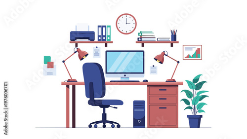 Organized home office workspace featuring a computer monitor, printer, shelves with books, and a green plant for productivity.