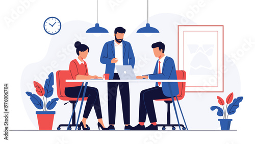 Group of office workers collaborating at a table with laptops and coffee cups while sharing ideas in a modern business environment.