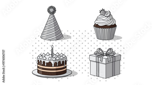 Birthday party celebration items including a decorated cake with a candle, a gift box, a cupcake, and a striped party hat.