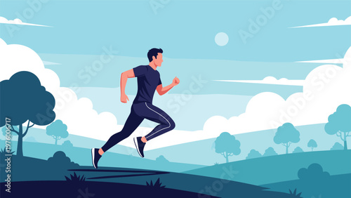 Man in athletic wear is running through a scenic nature park landscape with green trees and rolling hills for daily exercise.
