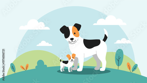 Adult dog and a small puppy of the same breed stand together on a grassy hill under a clear blue sky with soft white clouds.