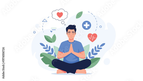 Man meditating in a lotus position is surrounded by symbols of peace, health, and nature, representing mindfulness and wellness.