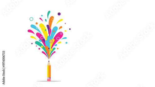 Colorful splashes of paint and creative shapes emerge from the tip of a yellow pencil, symbolizing artistic inspiration and design.