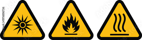 Hazard warning signs: fire hazard, hot surface fire wave sign, laser exposure sign industrial safety symbol