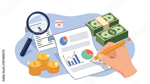 Financial auditing process is illustrated with documents, magnifying glass, stacks of gold coins, and bundles of dollar bills.
