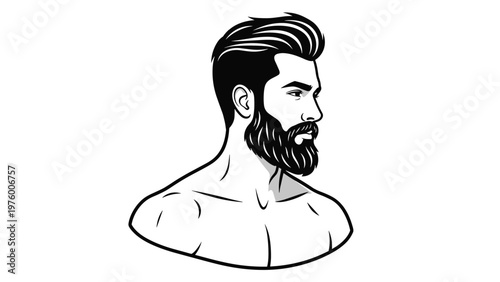 Stylized black and white portrait of a handsome man with a thick, well-groomed beard and stylish hair shown in profile view.