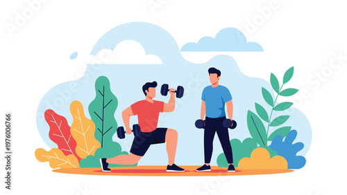 Two men are engaged in a workout session with dumbbells in a vibrant outdoor park setting with green trees and fluffy clouds.