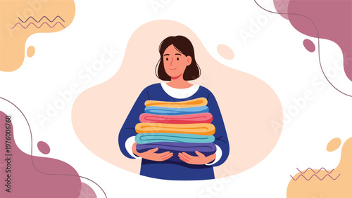 Smiling woman in a blue sweater holds a neatly folded stack of colorful laundry, representing domestic chores and home management.