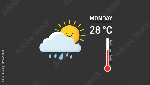 Weather forecast display shows a sunny day with a smiling sun, light rain clouds, and a thermometer reading twenty-eight degrees.