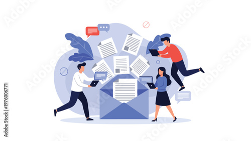 Team of professional people efficiently managing a large volume of incoming emails and digital documents in a busy office setting.