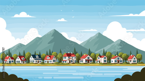 Peaceful suburban landscape features a row of charming houses situated along the shore of a calm lake with mountains in the distance.