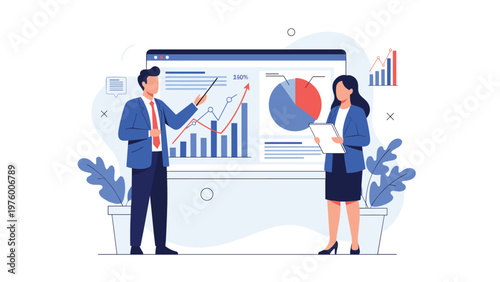 Business analysts collaborate while looking at a large digital screen displaying various data charts, graphs, and financial metrics.