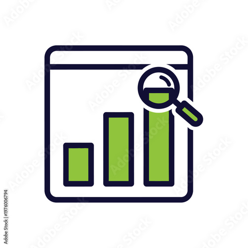 Magnifying glass examining a bar chart with green bars, business analytics and data analysis concept.