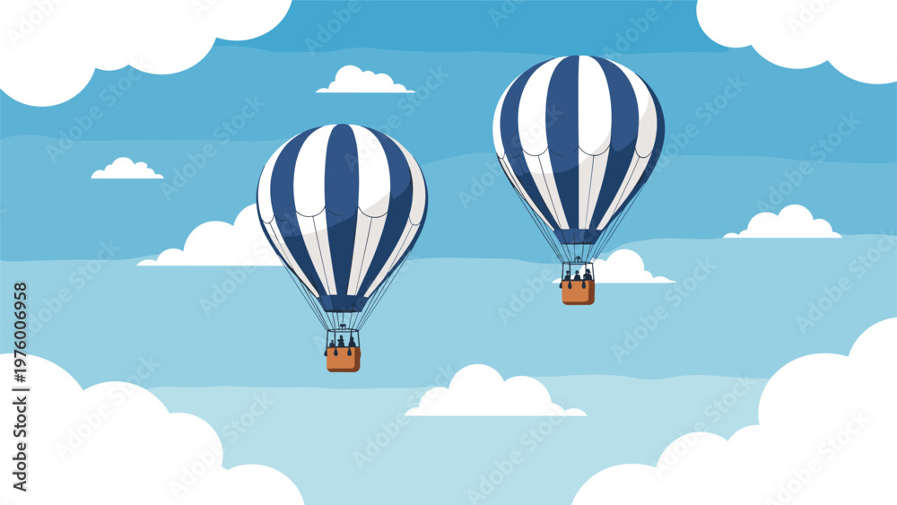 Fototapeta premium Two large blue and white striped hot air balloons floating peacefully among white clouds in a bright blue sky.