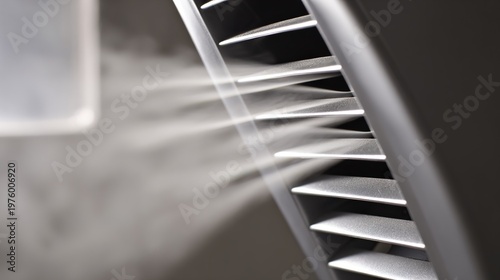 vent. Close-up of a modern silver air conditioner vent, crisp white streams of cool air flowing out. mobility guides, transit brochures, designed for transport & logistics marketing.