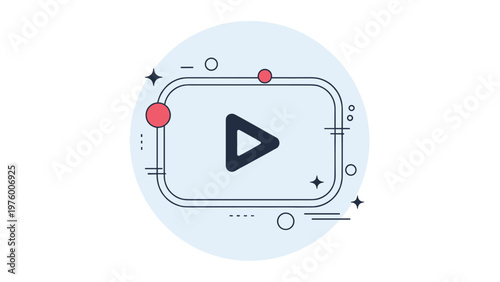 Modern video play button icon in a dark triangle shape within a light blue circular frame with decorative dots.