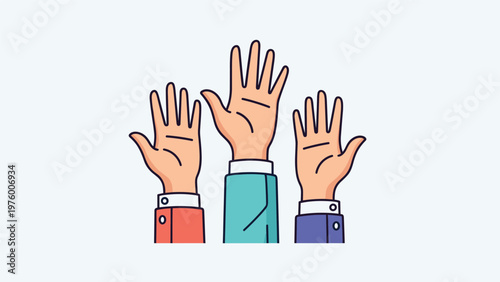 Three diverse human hands with different skin tones raised up together in a gesture of unity, voting, or volunteering.