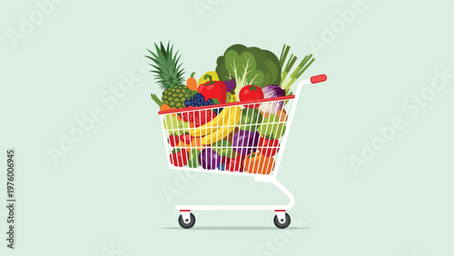 White supermarket shopping cart overflowing with a variety of fresh and colorful organic fruits and vegetables.