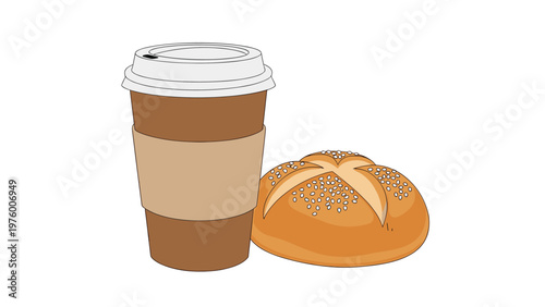 Fresh takeaway coffee in a paper cup with a sleeve sitting next to a crusty bread roll on a plain white background.