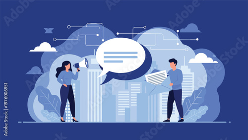 Digital communication concept showing two people using a megaphone and email messages against a city background.