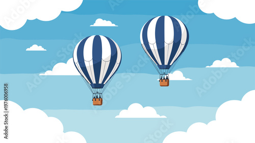 Two large blue and white striped hot air balloons floating peacefully among white clouds in a bright blue sky.