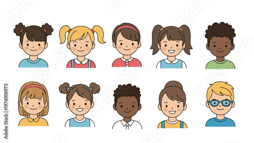 Grid of ten diverse children faces with different hair styles and skin tones smiling in a friendly manner.