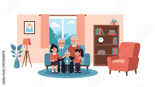 Large happy multi-generational family including grandparents, parents, and children together in their living room.
