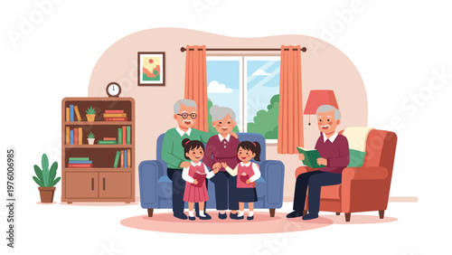 Large family group including grandparents, parents, and children spending time together in a comfortable living room.