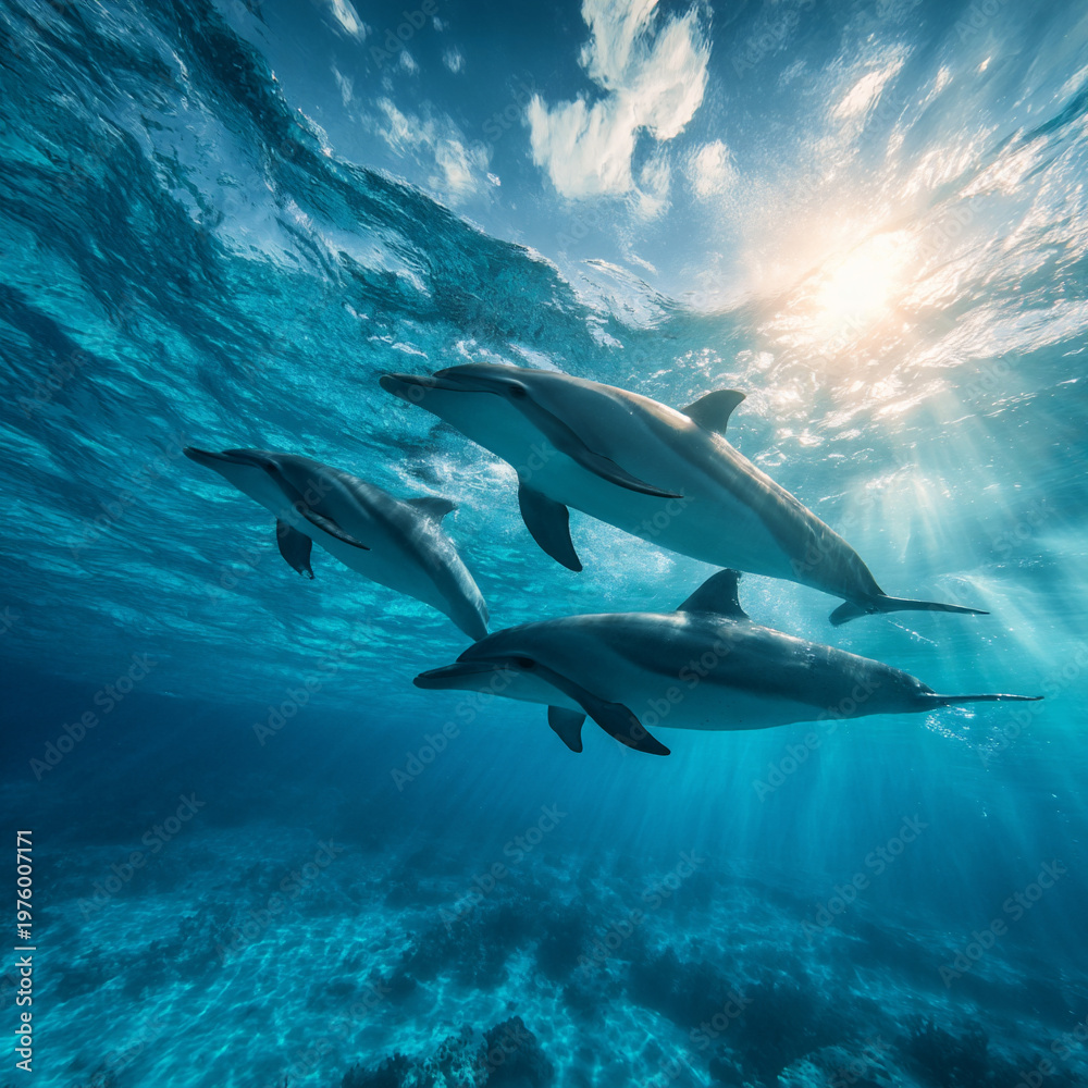 Fototapeta premium playful dolphins jumping in bright blue ocean, pod of dolphins swimming in sunlit sea, dolphins in clear tropical waters under bright sky