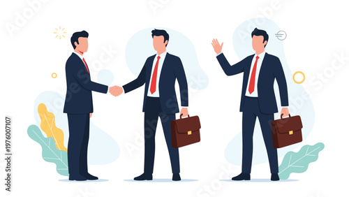 Group of professional businessmen in suits engaged in networking activities like shaking hands and waving hello.