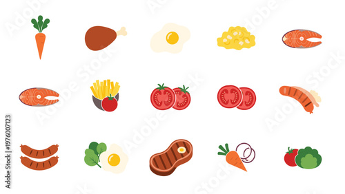 Variety of food icons including vegetables, meat, eggs, and cooked meals arranged in a neat grid for menu design.