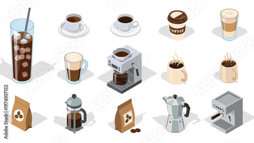 Isometric icons of various coffee items including drinks, espresso machines, French press, and roasted coffee beans.