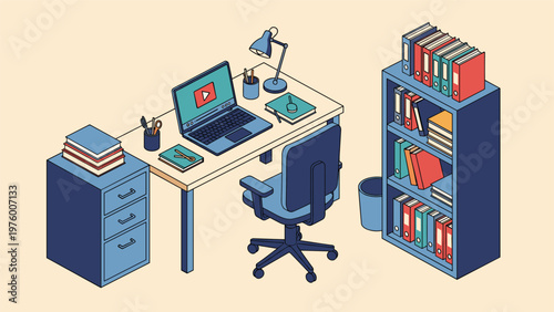 Isometric view of a tidy home office desk with a laptop, bookshelf, files, books, and an office chair.