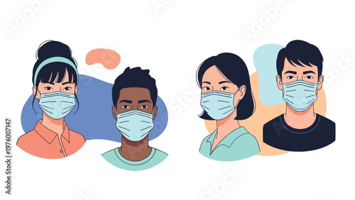 Portraits of four diverse people of different ethnicities and ages wearing blue medical face masks for protection.