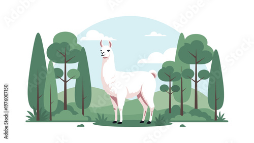 Majestic white llama standing in a lush green forest landscape with rolling hills and various evergreen trees.