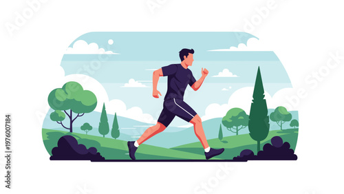 Active young man in athletic clothes running through a beautiful green landscape with hills, trees, and a clear blue sky.