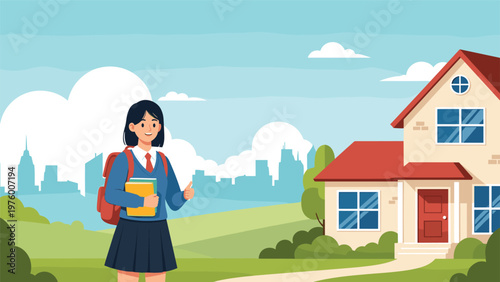 Young school girl with a backpack and books standing in front of a modern house on a sunny day with the city in the distance.